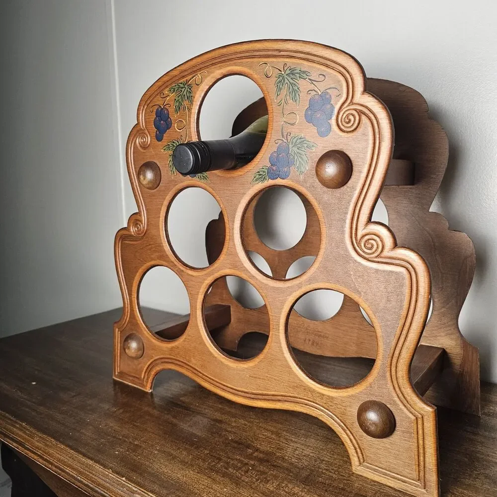 Vintage 1980s Wooden Wine Rack Hand Painted Grapes Holds 6 Bottles Rustic